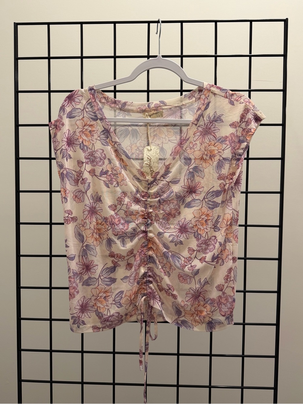 Mystree Cream Floral Ruched V-Neck Top with Pink & Purple Blooms